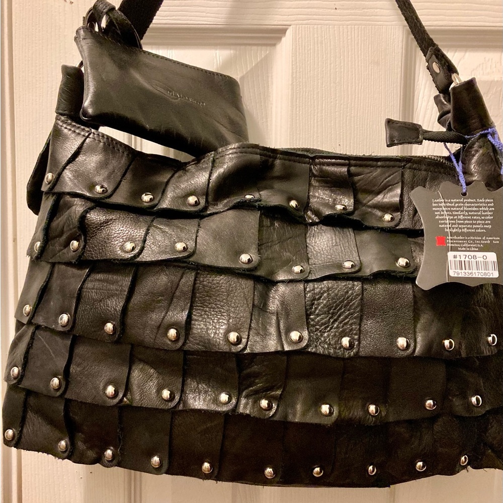 NWT Amerileather Rich Black,Soft 100% Genuine Leather Bag, Rivet detail, 16”x10” - Picture 11 of 11